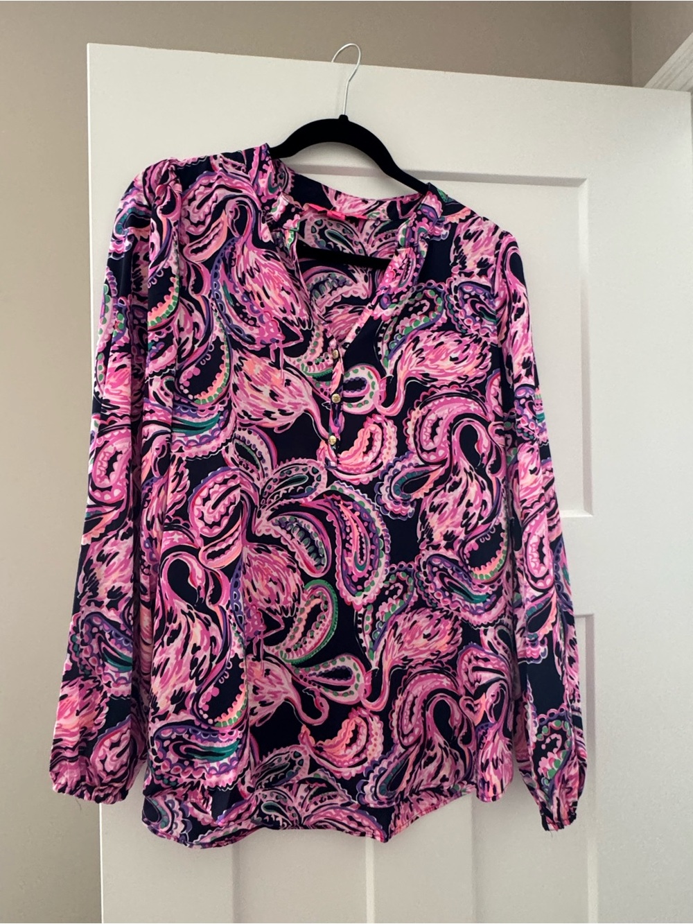 Lilly Pulitzer Marvelle Pink & Navy Paisley V-Neck Blouse